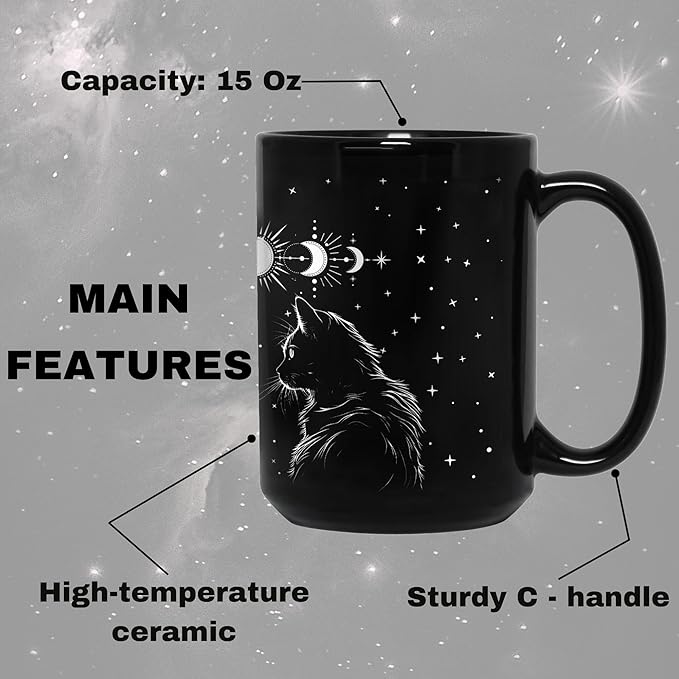 Black Cat Mug 15oz Cat Lover Gifts for Women Funny Goth Coffee Mug - Witch, Goth Decor Christmas Cup With Cats Goth Gift Witchy Gifts for Women, Men - Xmas Decorations Cats Christmas Gothic Home Decor
