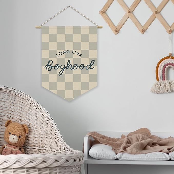 Boys Room Decor, Long Live Boyhood Boy Nursery Linen Canvas Banner, Grey Checkered Wall Hanging Pennant Flag Banner for Boys Nursery Kids Toddler Room Bedroom Playroom Decor, 15x11in