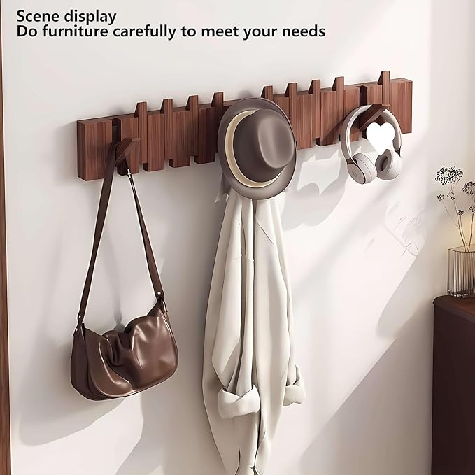 Wall Mounted Coat RackHooks Piano Key Hangers Natural Solid Wood Hanger Non-Woven Fabric Clothes Hangers for Closet, Kitchen, Bedroom, Bathroom, Entryway (Walnut, 4 Hooks)