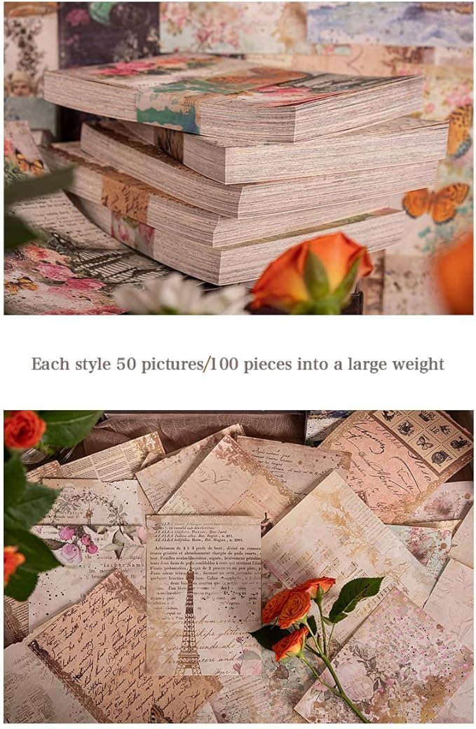 Huralona 200 Sheets Vintage Scrapbooking Paper Pads Journaling Paper Supplies Decorative Origami Scrapbook Paper Pack Patterned Cardstock for Travel