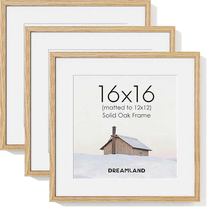 Dreamland 16x16 Picture Frame, 16 x 16 Square Photo Frame with Mat for 12x12, Natural Oak Wood Matted Picture Frames with Tempered Real Glass for Wall Art Photo and Prints, Oak Color, Set of 3