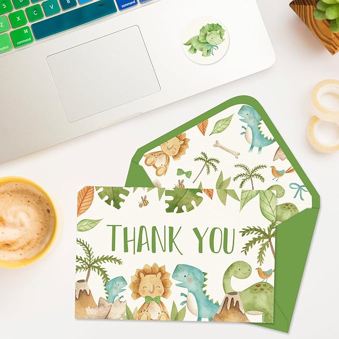 24 Pack Dinosaur Thank You Cards Bulk Cute Cartoon Greeting Cards with Envelopes Stickers Blank Note Cards for Birthday Baby Shower Party Supplies, 4 x 6 Inch