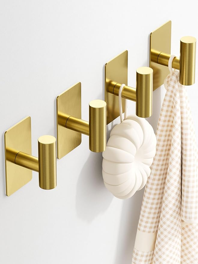 Towel Hooks for Bathrooms – 4 Pack, Brushed Gold Finish, T-Shaped Stainless Steel Adhesive Wall Hooks for Robes & Towels in Kitchen, Shower, or Closet