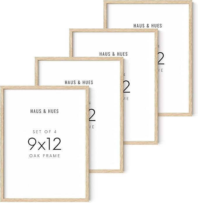 HAUS AND HUES Beige Oak Wood 9x12 Picture Frame - Modern Wood Wall Art Display - Lightweight 9x12 Frame for Art Prints, Photos, Posters - Ready-to-Hang Vertically & Horizontally (Set of 4)