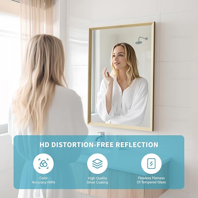 Oak Wood Effect Framed Wall Mirror, 20x30 Rectangle Mirror, Anti-desilvering Tempered Glass, Sustainable& Sturdy Frame, Anti-Rust, HD Reflection &3min Fast Setup for Bathroom Living Room