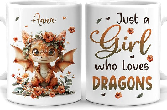 Hyturtle Personalized Dragon Coffee Mug - Custom Cup for Animal Lovers - Just A Girl Who Loves Dragons - Women's Birthday Gift - Ceramic 11oz/15oz