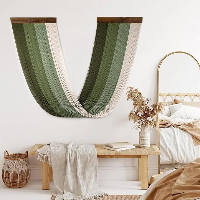 LB Green Macrame Wall Hanging Large, Boho Tapestry Wall Hanging Macrame Wall Art Handmade Yarn Woven Wall Art Modern Home Decor Headboard Wall Decor for Bedroom Living Room Dorm Nursery, 16x32 Inch