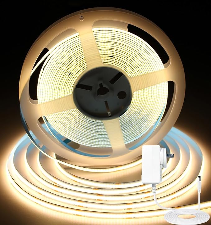 iNextStation 32.8ft/10M Warm White COB LED Light Strip, DC24V CRI 93+ Strip Lights, 3000K Color Temperature LED Lights, 8mm Width LED Tape Lights, Dimmable COB Strip Light for TV Backlight(with Plug)