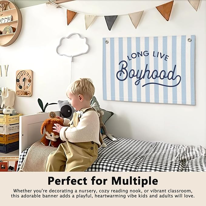 Long Live Boyhood Blue Striped Boys Room Decor - Linen Banner Wall Hanging Canvas Banner Flag Decor for Toddler Boy Bedroom Nursery Playroom