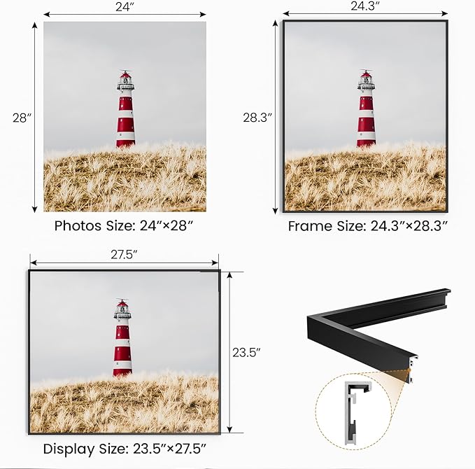 24x28 Aluminum Metal Picture Frame,Tempered Glass Black Photo Frame 24x28 for Family Photo,Posters,Art,Document to Wall Mount Horizontally or Vertically