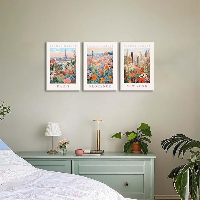 XLARTMY Flower Market Wall Art Prints Canvas Orange and Pink Floral Paintings Colorful Botanical Travel Flower Posters for Home Decor Pictures Set of 3 for Living Room Bedroom 16x24in