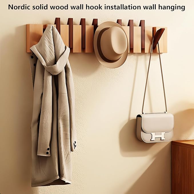 Wall Mounted Coat RackHooks Piano Key Hangers Natural Solid Wood Hanger Non-Woven Fabric Clothes Hangers for Closet, Kitchen, Bedroom, Bathroom, Entryway (Walnut-Beech, 6 Hooks)