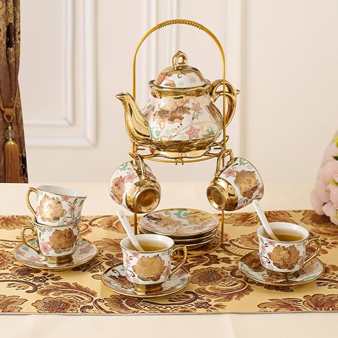 CHANJOON Gold Plated Red Rose Ceramic Tea Set, Vintage Tea Sets with Teapot, Beautiful Tea Set Coffee Serving 6 People (pink, Medium)