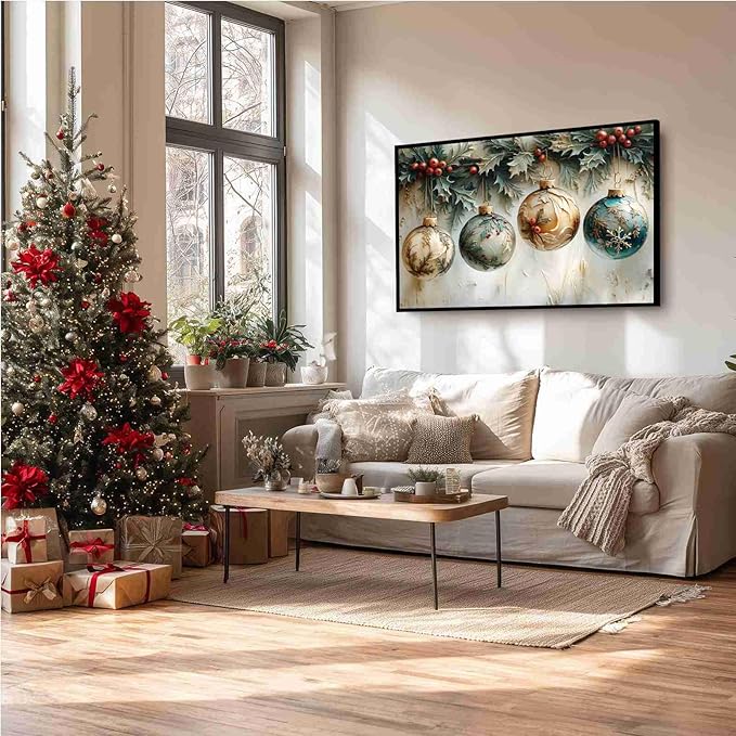 Christmas Ornament Balls Holiday Ball Decor Festive Print Vintage Christmas Canvas Wall Art Hanging Poster Vintage Holiday Print Indoor Decor for Home Offices Living Room Bedroom Framed Ready to Hang