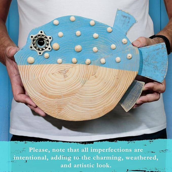 Mint Bucket Brands Driftwood Puffer Fish Nautical Wall Decor - 14.5" x 9" Handmade Wooden Rustic Coastal Wall Art for Living Room, Bedroom, Office, Bathroom - Ocean Beach Decoration (Bubba)