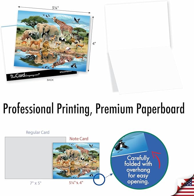 The Best Card Company - 10 Blank Animal Cards Boxed (4 x 5.12 Inch) - Assorted Pets, Zoo, Wildlife Cards for Kids - Savanna Selfies M6640OCB