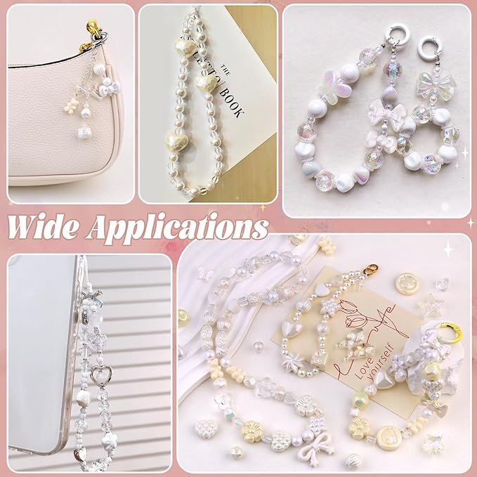 200-260PCS TINKRSTUFF Assorted Acrylic Beads White Cute Beads for Bracelet Making, Bow Flower Butterfly GummyBear Kawaii Charms, Aesthetic Bead for Necklace Keychain Jewelry Making DIY Phone Charm
