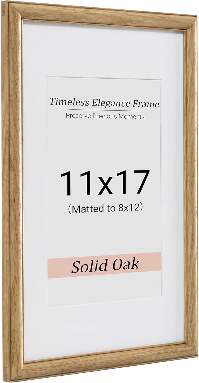 Heimlove 11x17 Picture Frame,11 x 17 Solid White Oak Photo Frame Matted to 8x12 with Tempered Glass,11"x14" Handcrafted wood Poster Frame,Vertical or Horizontal Wall Hanging Display,1 Pack