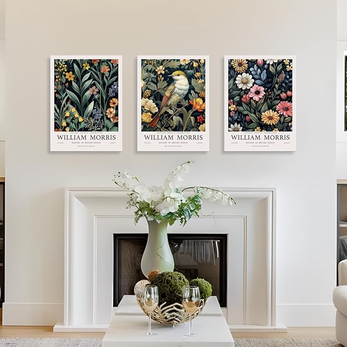 Hianan William Morris Floral Canvas Wall Art, Vintage Botanical Poster Prints, Bright Flower Bird Aesthetic Pictures, William Morris Animal Wall Decor for Living Room Bedroom Framed 12"x16"x3