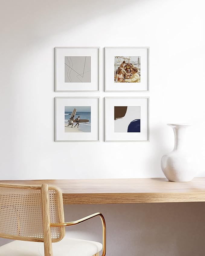 HAUS AND HUES White Oak Wood 12x12 Picture Frames - Set of 4, Square Frames with Mat, Elegant White Frames for Posters and Photos (12x12 in, White, Set of 4)