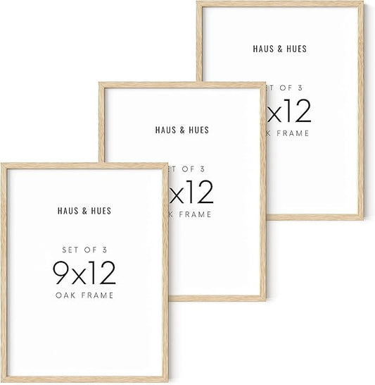 HAUS AND HUES Beige Oak Wood 9x12 Picture Frame - Modern Wood Wall Art Display - Lightweight 9x12 Frame for Art Prints, Photos, Posters - Ready-to-Hang Vertically & Horizontally (Set of 3)