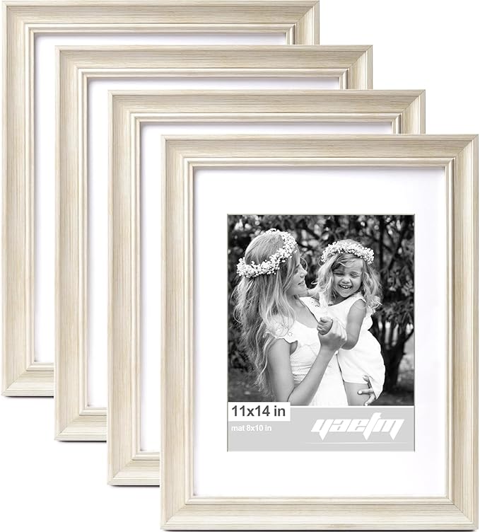 Yaetm 11x14 Picture Frame with Mat for 8x10 Set of 4, 1.4" Wide Molding & Rustic White Photo Frames 11 x 14 with Tempered Glass for Wall Gallery, Home and Office, Wall Mount (4 Pack, White)