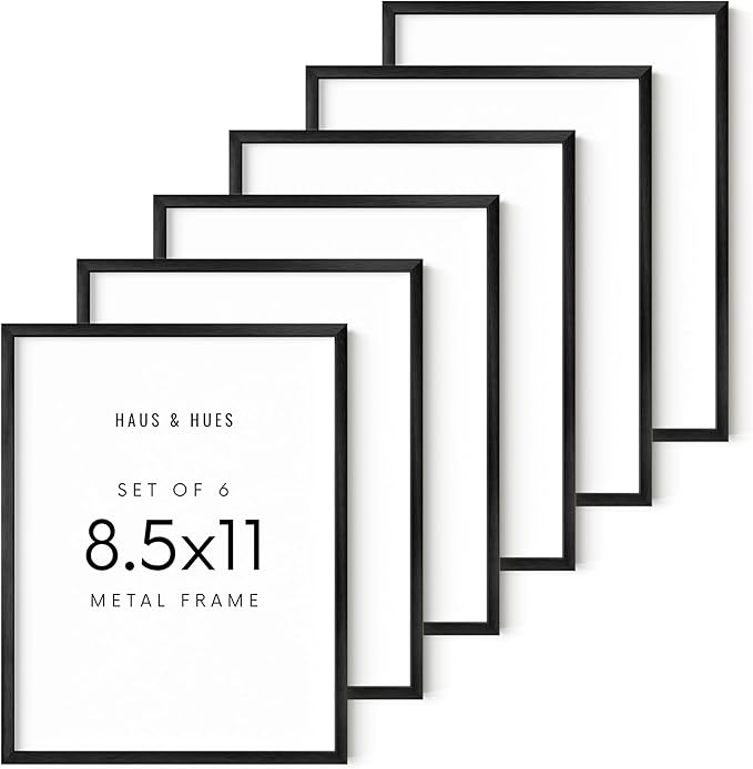 HAUS AND HUES 8.5x11 Black Metal Picture Frames - Features Premium Aluminum, Vertical & Horizontal Hang, Shatterproof Plexiglass - Perfect for Home, Room, Office (8.5x11 in, Black, Set of 6)