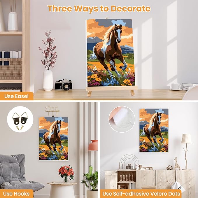 MXJSUA Horse Framed Paint by Numbers for Adults Beginners, Easy Adults' Paint-by-Number Kits on Canvas with Easel, Animal Acrylic Number Painting Crafts Kits Gifts for Home Decor, 8x12inch