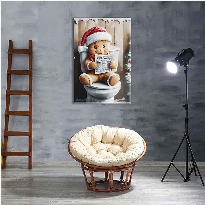 Canvas Wall Art Gingerbread on the Toilet Funny Christmas Poster Bathroom Wall Art Toilet Trendy Christmas Decor 16x24in-UnFramed