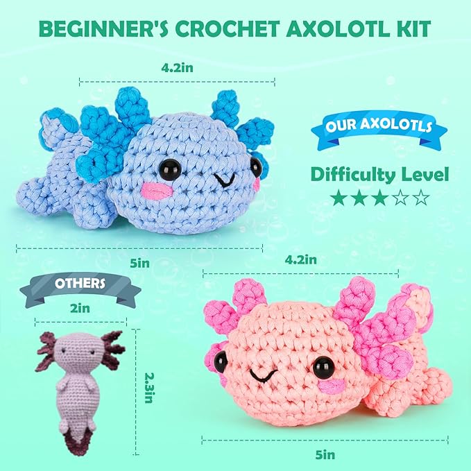 Crochetta Crochet Kit for Beginners, Crochet Starter Kit w Step-by-Step Video Tutorials, Easy Beginner Crochet Kit for Adults, Women & Men, Handmade DIY Gift Complete Kit Included (Axolotl 2Pack)