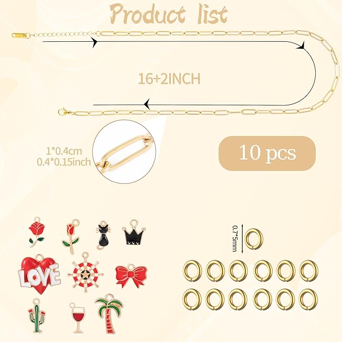 10PCS 4mm 18K Gold Plated 16Inch Paperclip Chain Necklace for Women with 10PCS Alloy Charm Gold Satinless Steel Paperclip Charm Necklace Chain Bulk Bow Crown Love Necklaces
