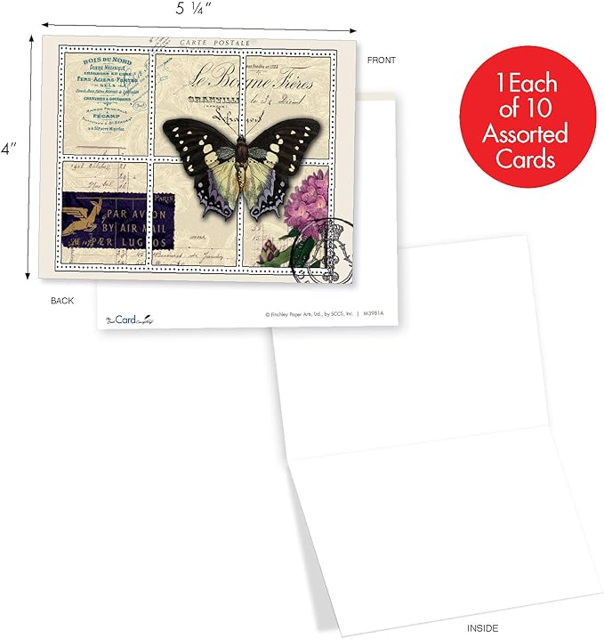 The Best Card Company - 10 Retro Blank Cards with Envelopes (4 x 5.12 Inch) - Artistic Boxed Assortment, Vintage Note Cards - Papillon Post M3981