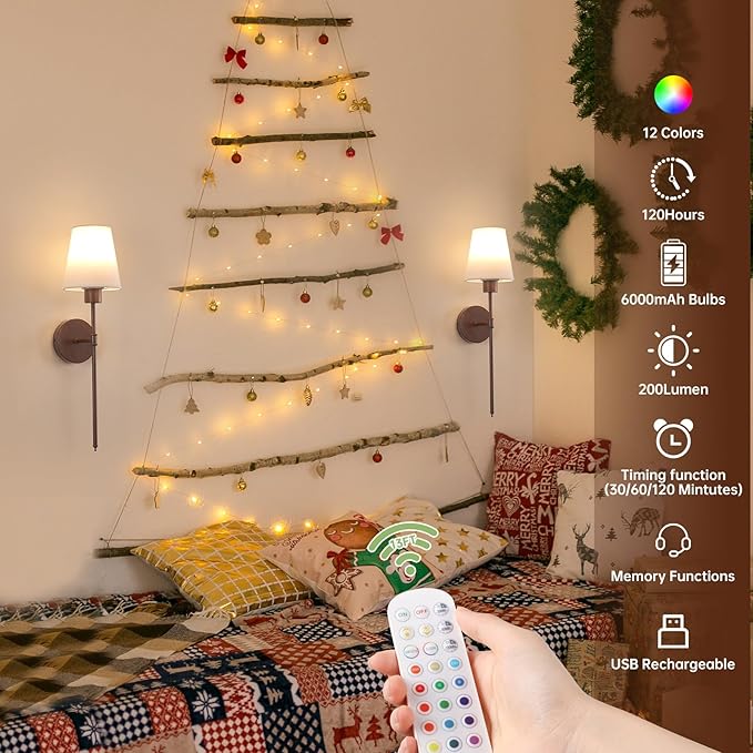 Battery Operated Wall Sconces Set of 2, Walnut Color Wall Lamp 5000 mAh Rechargeable Bulb with 12 RGB Colors Dimmable Wall Sconce for Living Room Bedroom