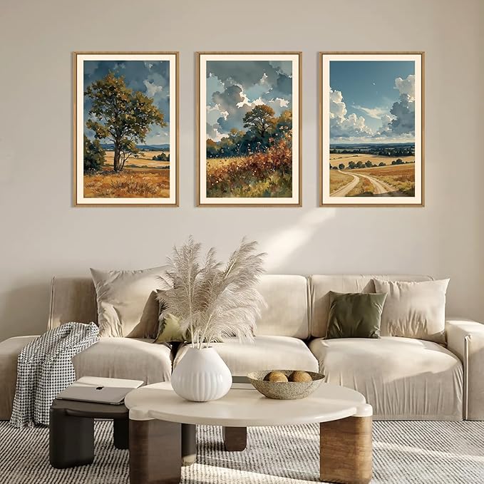 KAIRNE Farmhouse Landscape Wall Art Set of 3, Nature Country Scenery Art Prints, Blue Vintage Watercolor Wall Decor, Rustic Wilderness Paintings for Living Room, Bedroom, Office, 16x24 Inch