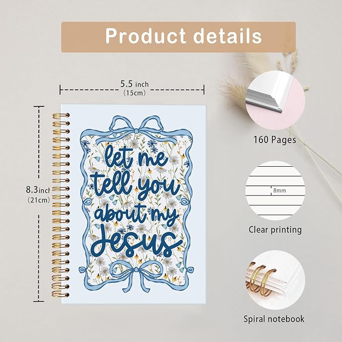 MOFUYU Coquette Blue Bow Floral Christian Notebook,Journal for Women,Coquette Blue Bow Floral Notebook, Gifts for Christian Women Men,Let Me Tell You About My Jesus,Religious Journals for Writing 5.5x8.3