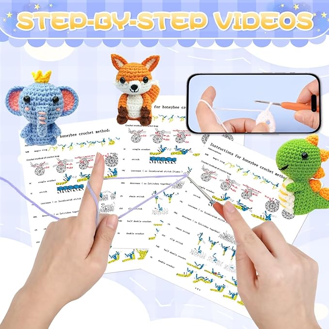 OLHKYN 6Pcs Crochet Kit for Beginners, 2025 DIY Craft for Adults and Kids, Great Gift for Crochet Lovers, Crocheting Animal Kits with Step by Step Videos,Yarn,Crochet Hook,Birthday Holiday Gift