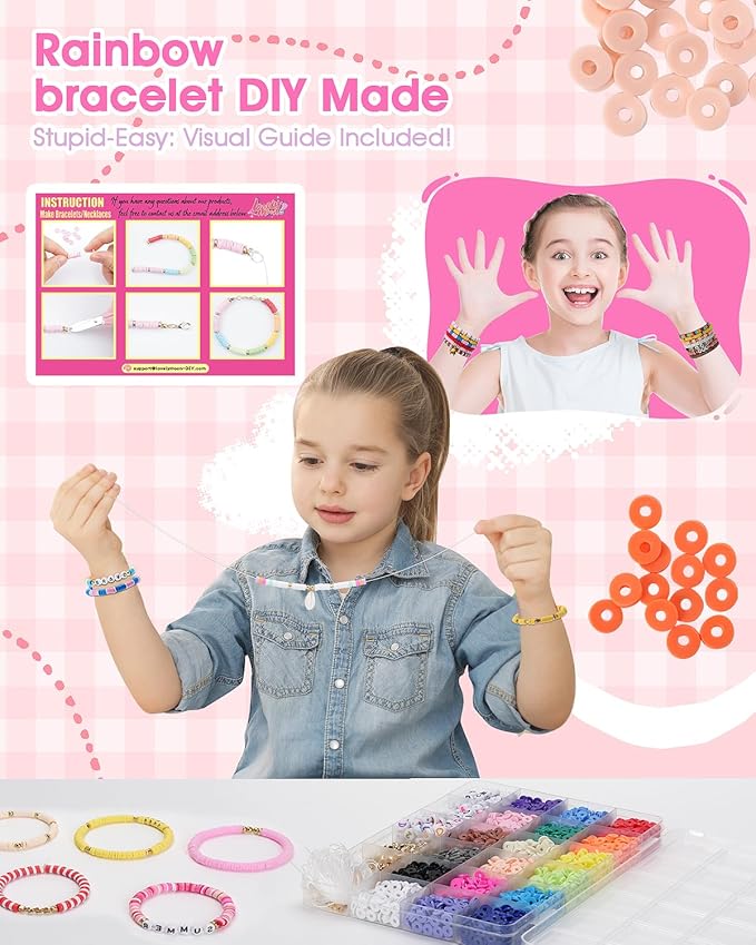 LovelyMoon Clay Beads Bracelet Making Kit Flat Beads with Charms for Friendship Jewelry Making Kit for Beginner Creative Arts and Crafts Gifts for Kids Ages 6 7 8 9 10 11 12 Girls