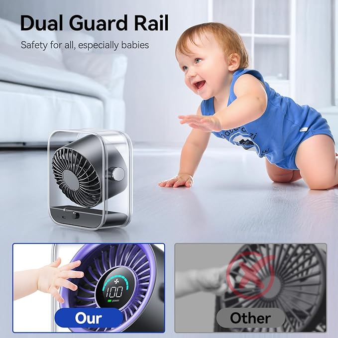 Rechargeable USB Desk Fan, Quiet Table Fan with Turbo Airflow, 100 Speeds, Digital Display, 90° Rotating, Small Battery Desktop Fans for Bedroom Home Office Travel, Purple