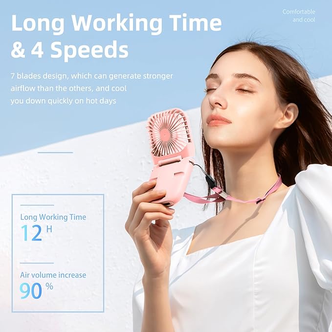 FADACHY Portable Fan Rechargeable, Mini Handheld Fan,Electric Personal Fan 3000mAh Battery Operated Hand Held Fan with Lanyard,Small Fan for Desk Office Outdoor Indoor