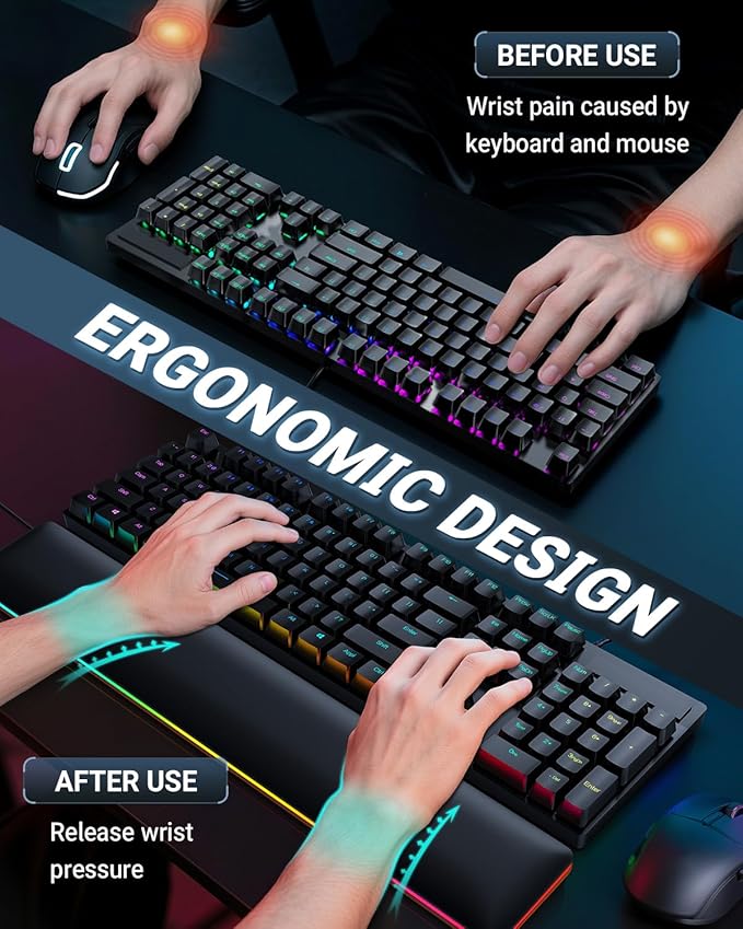 ASFSKY RGB Keyboard Wrist Rest, Ergonomic Memory Foam Wrist Pad with PU Leather & Wooden Base, Non-Slip and Easy-to-Clean Design, RGB Wrist Support for Mechanical Keyboard, Gaming & Office Use
