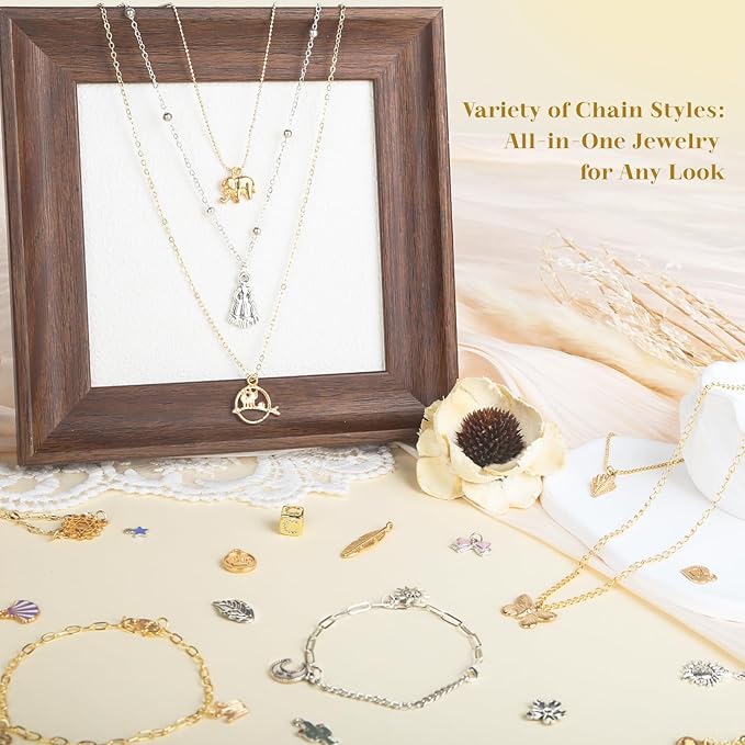 Wisreach 18K Gold & Silver Necklace Chain for Jewelry Making, 60 Feet 12 Rolls DIY Jewelry Chains, with Jump Rings, Clasps, Connectors, 52 Letter Pendants, 50 Mixed Color Pendants & Pliers