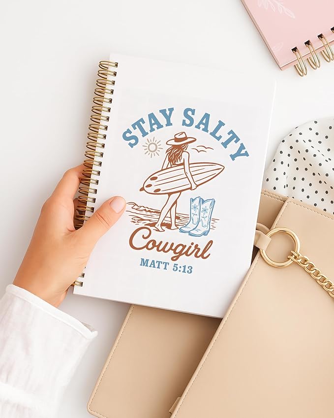 Christian Coastal Cowgirl Notebook, Western Surfing Cowgirl Journal, Summer Coastal Beach Journal for Writing, Matthew 5:13 Bible Verse Spiral Notebook, 5.5x8.3 Inch 559