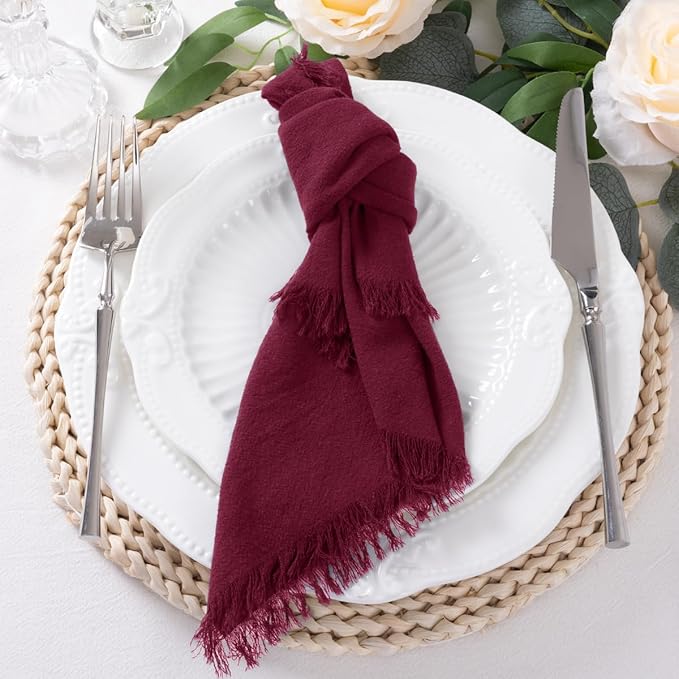 6 Pack Burgundy Red Cotton Linen Napkins with Fringe Christmas Red Cloth Napkins Set of 6 Boho Handmade Dinner Napkins Bulk for Wedding Bridal Baby Shower Valentine's Day, 17 x 17 Inches