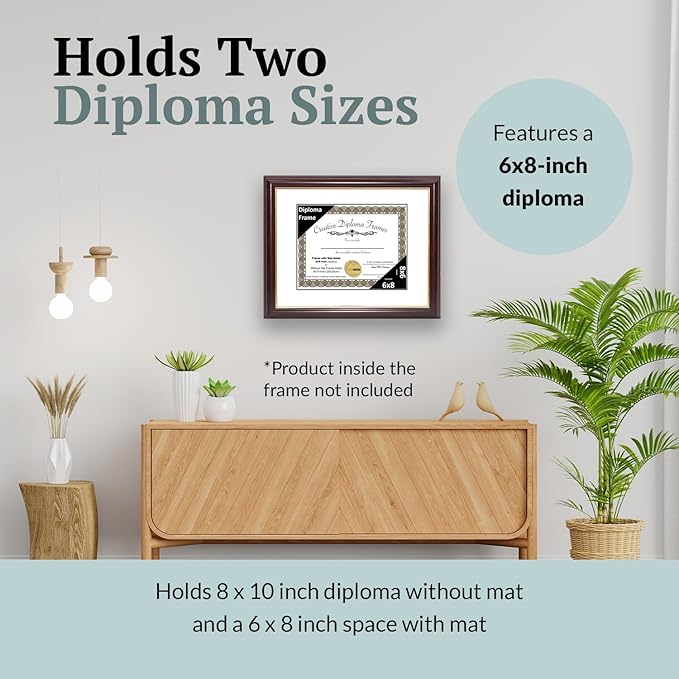 Creative Picture Frames 6x8 Mahogany Gold Rim Diploma Frame with White Mat Glass Easel and Installed Wall Hangers | Frame Holds 8x10 Media without Mat