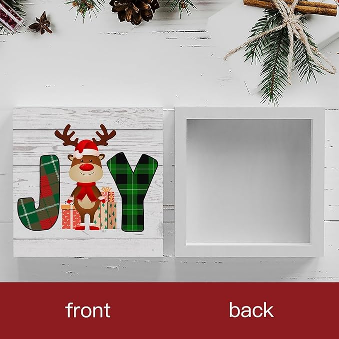 Rustic Winter Merry Christmas Joy Deer Wood Box Sign, Farmhouse Christmas Santa Artwork Decor, Wood Square Sign Desk Block Signs Home Shelf Office Decoration 5 x 5 Inches