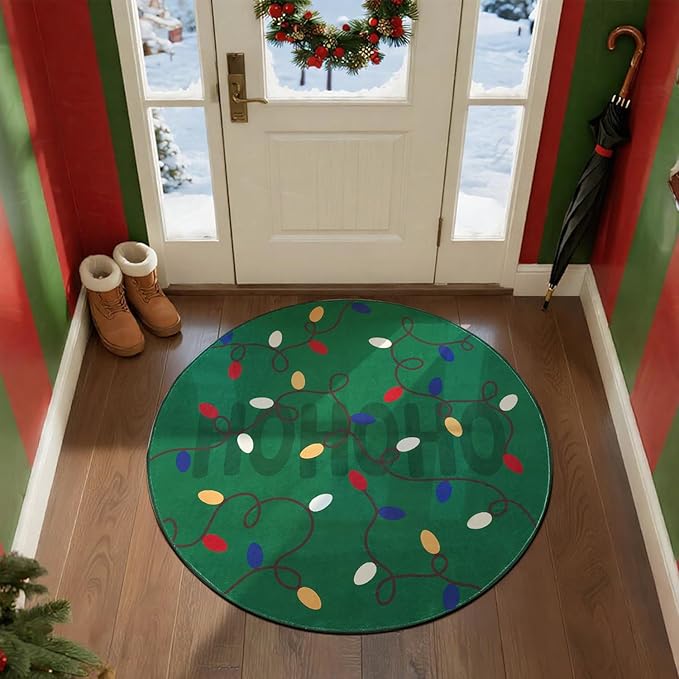 jinchan Jingle Lights Round Christmas Rug for Entryway Bedroom 4ft Green Circle Holiday Rug for Living Room Colored String Lights Printed 4' Xmas Decor Washable Indoor Carpet for Foyer Non-Slip