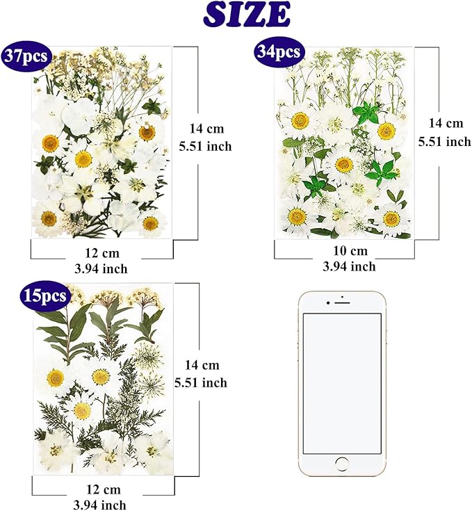 86Pcs White Pressed Dried Flowers Real Natural Leave for DIY Resin Molds Candle Jewelry Nail Crafts Gifts