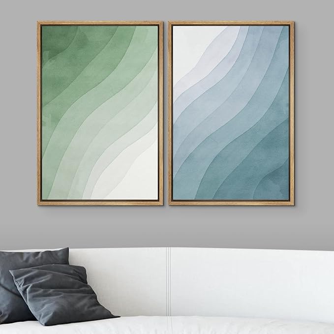 SIGNWIN Framed Canvas Print Wall Art Set Pastel Watercolor Green Blue Wave Collage Abstract Shapes Illustrations Modern Art Minimal Boho Colorful for Living Room, Bedroom, Office - 16"x24"x2 Natural
