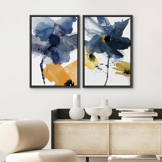 SIGNWIN Framed Wall Art Print Set Watercolor Splash Blue & Yellow Daisies Floral Botanical Illustrations Modern Art Chic Colorful Relax/Calm for Living Room, Bedroom, Office - 16"x24"x2 Black