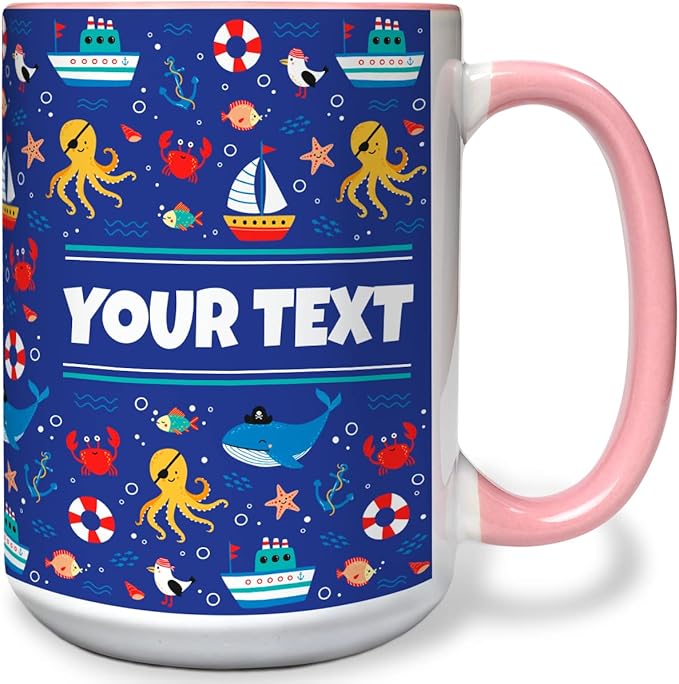 Personalized Mug for Kids - Nautical - Custom Name/Text, Ceramic Hot Chocolate/Cocoa/Coffee Cup for Boys/Girls, Birthday/Christmas/Holiday Gift - 15 oz, Light Blue Handle